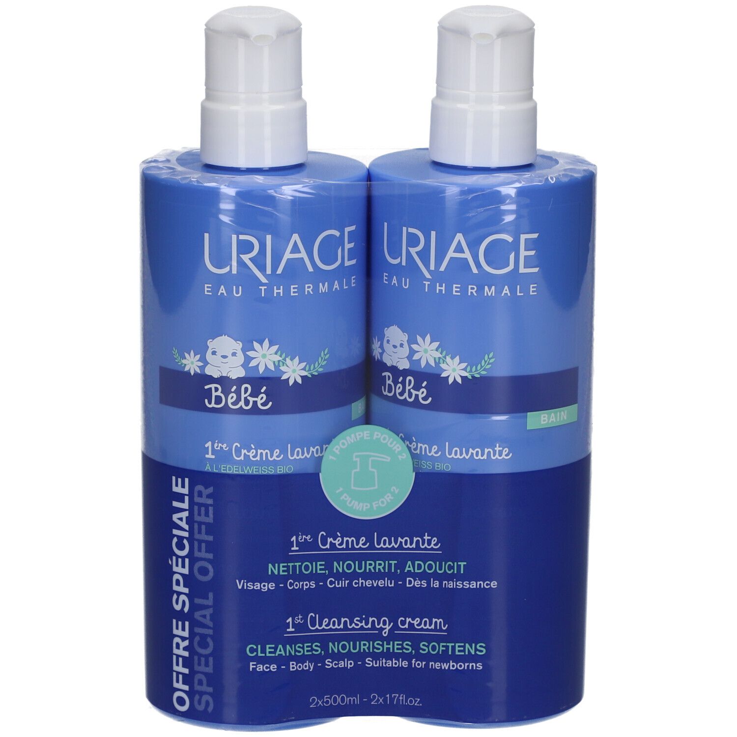 Deux flacons bleus Uriage Bébé 1ère Crème Lavante, emballés. Inscription: 1ère Crème lavante, 1st Cleansing cream. Pour nouveau-nés.