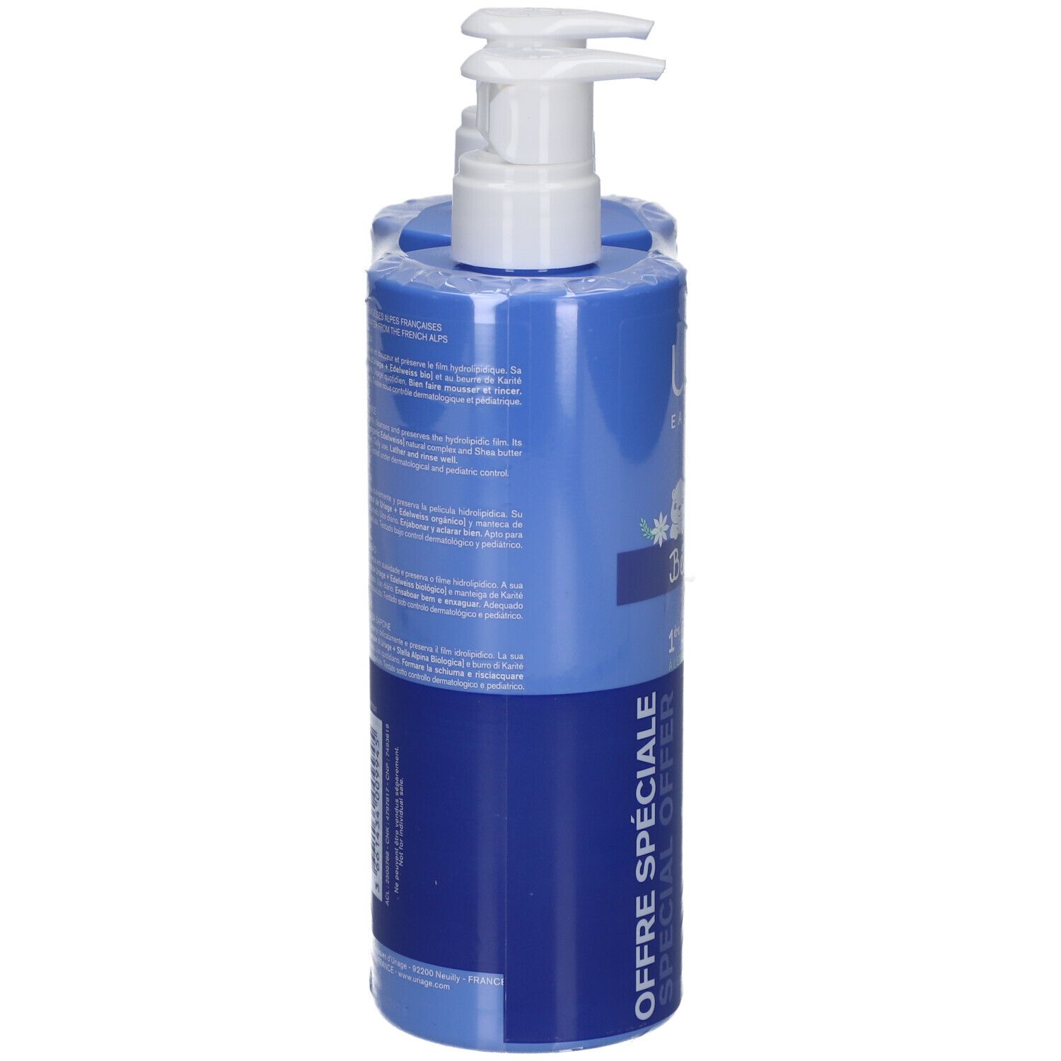 Flacon bleu Uriage Bébé 1ère Crème Lavante, de côté. Avec distributeur. Inscription: 1ère Crème lavante, 1st Cleansing cream. Texte au dos.