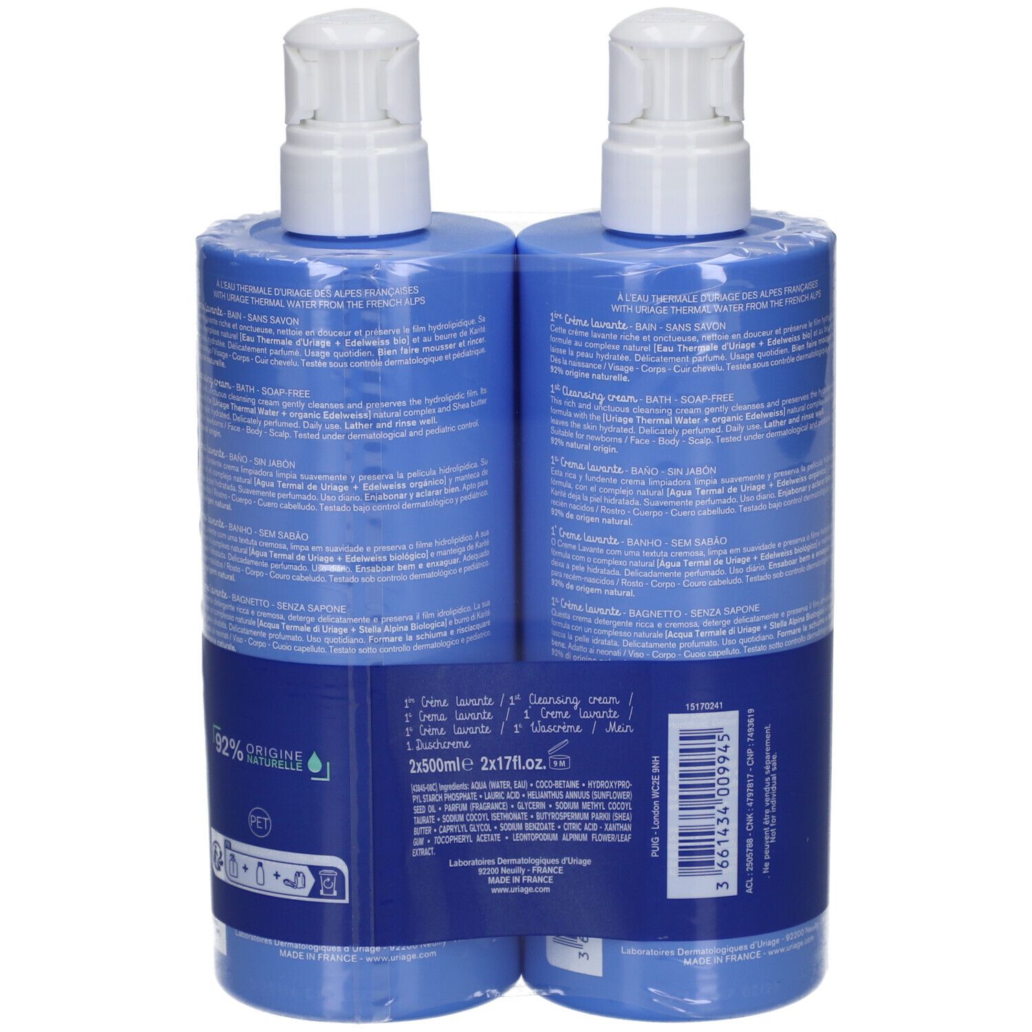 Deux flacons bleus Uriage Bébé 1ère Crème Lavante, emballés. Texte au dos. Inscription: 1ère Crème lavante, 1st Cleansing cream.