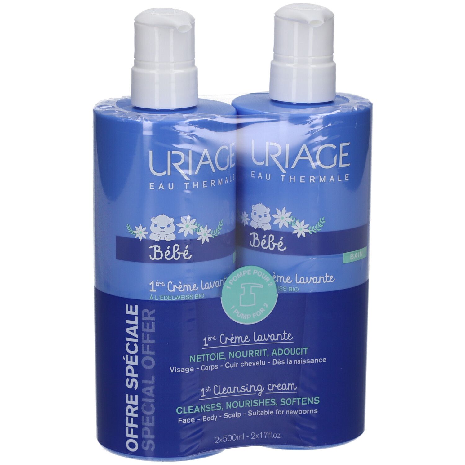 Deux flacons bleus Uriage Bébé 1ère Crème Lavante, emballés. Inscription: 1ère Crème lavante, 1st Cleansing cream. Pour nouveau-nés.