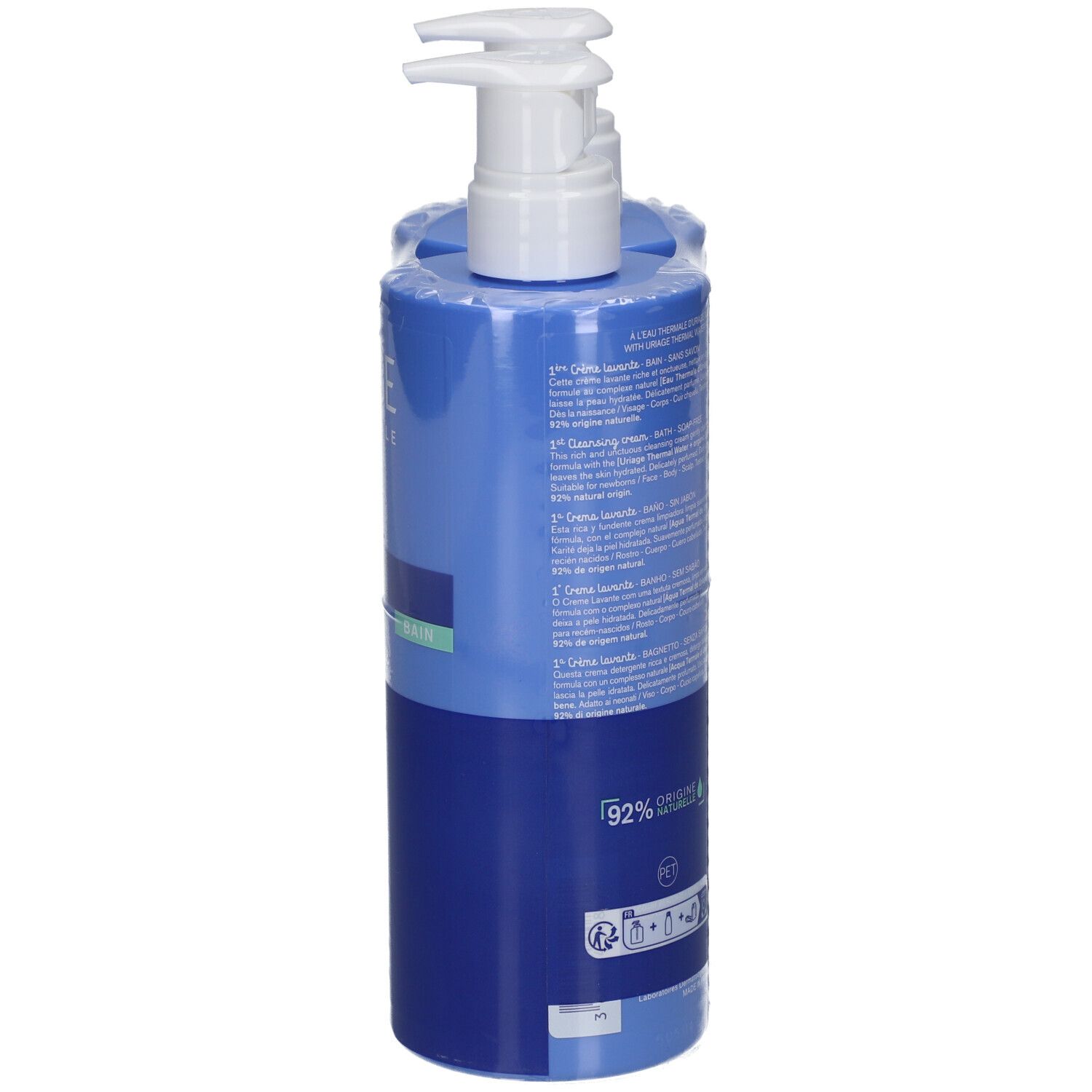 Flacon bleu Uriage Bébé 1ère Crème Lavante, de côté. Avec distributeur. Inscription: 1ère Crème lavante, 1st Cleansing cream. 92% ingrédients naturels.