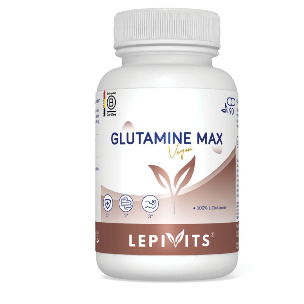 Flacon blanc de gélules. Inscription: Glutamine Max Vegan. Logo et certifications.