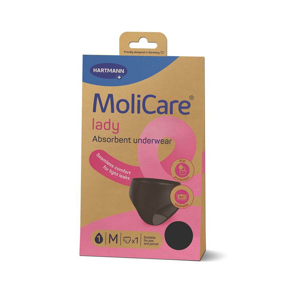 MoliCare Lady, sous-vêtement absorbant, en emballage. Taille M, noir. Inscriptions : Hartmann, MoliCare, absorbant, pour fuites légères.