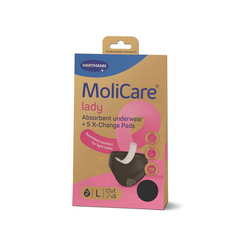 Paquet de MoliCare Lady. Sous-vêtement absorbant et 5 protège-slips X-Change. Taille L. Sous-vêtement noir, cercle rose, fond brun.