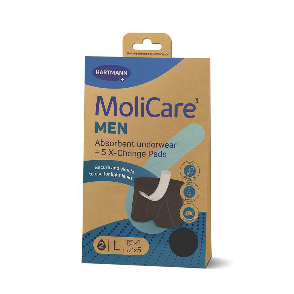 Boîte MoliCare MEN. Contient sous-vêtements absorbants et 5 coussinets X-Change. Taille L. Emballage avec image du produit et logo.