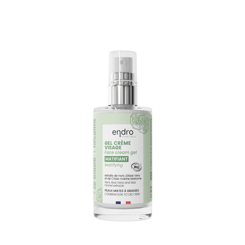 Endro Cosmétiques Gel Crème Visage. Flacon transparent avec pompe argentée. Étiquette verte et blanche avec nom et texte.