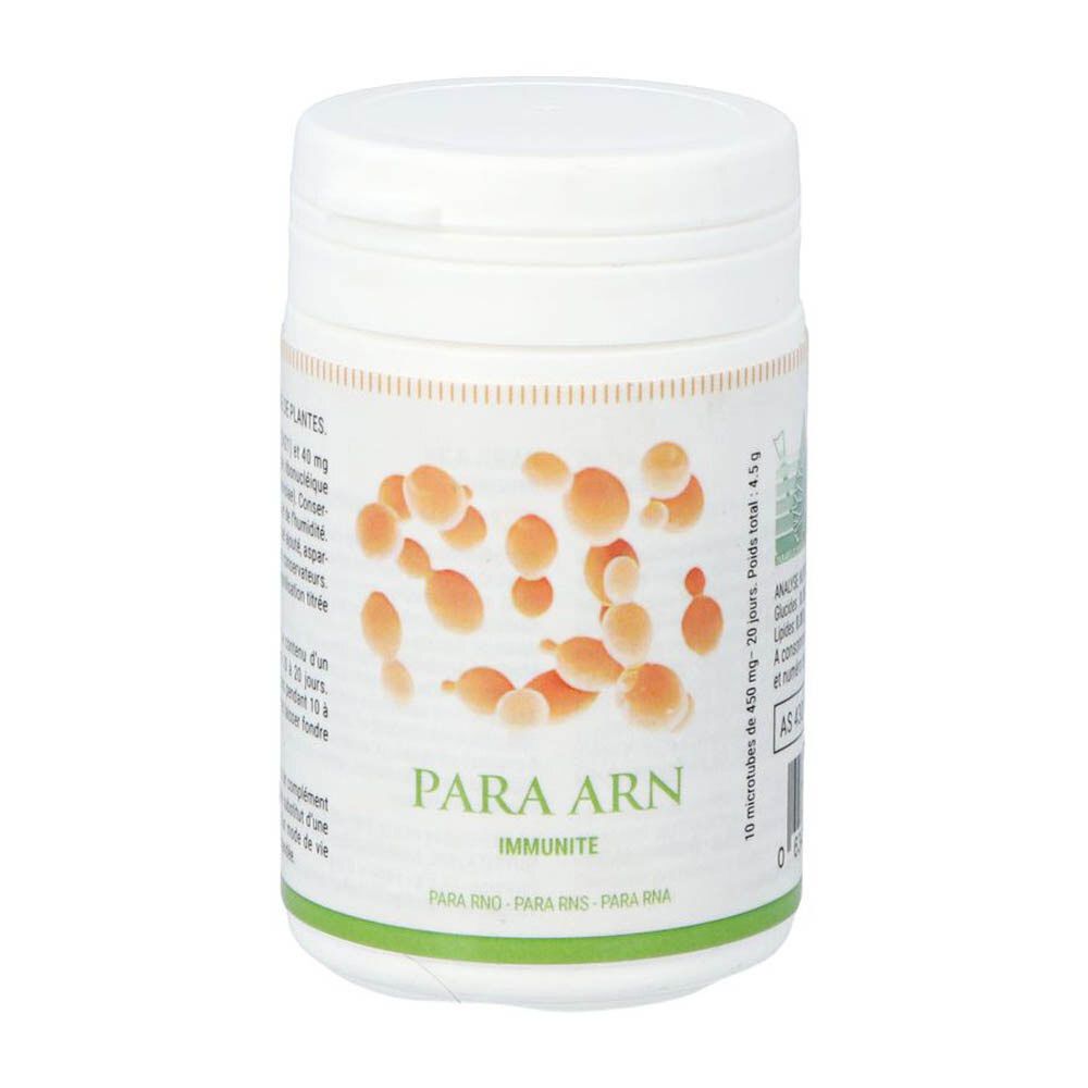 Boîte blanche avec couvercle. Inscription : PARA ARN IMMUNITÉ. Illustration de cercles orange.