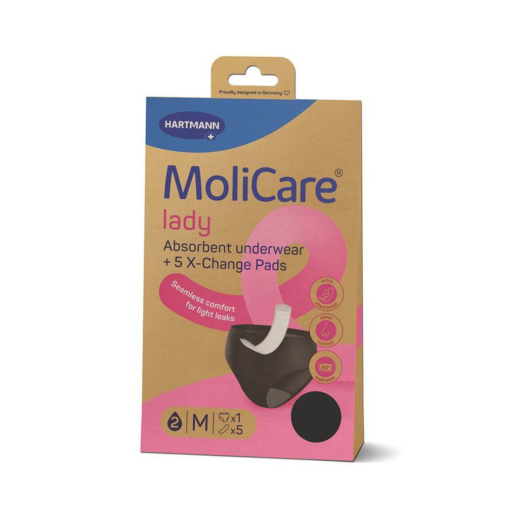Emballage MoliCare Lady, carton brun. Produit : sous-vêtement absorbant et 5 protections. Taille M.