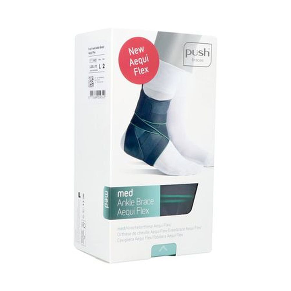 Emballage de Push Med Ankle Brace Aequi Flex. La boîte montre l'attelle de cheville. Sur la boîte, on peut lire "med Ankle Brace Aequi Flex".