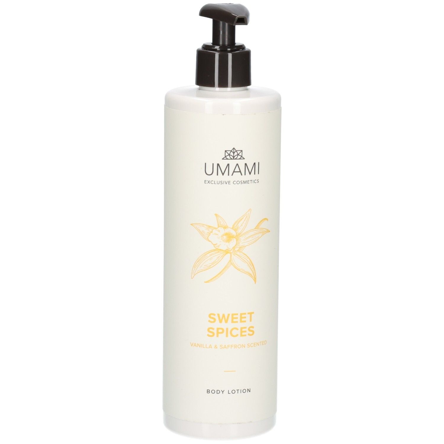 Flacon blanc avec pompe, lotion corporelle Umami Sweet Spices.