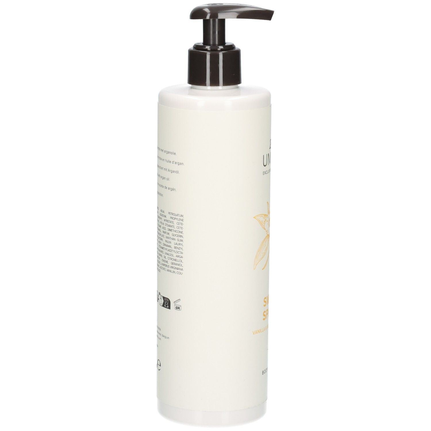 Arrière d'un flacon blanc avec pompe, lotion corporelle Umami Sweet Spices.