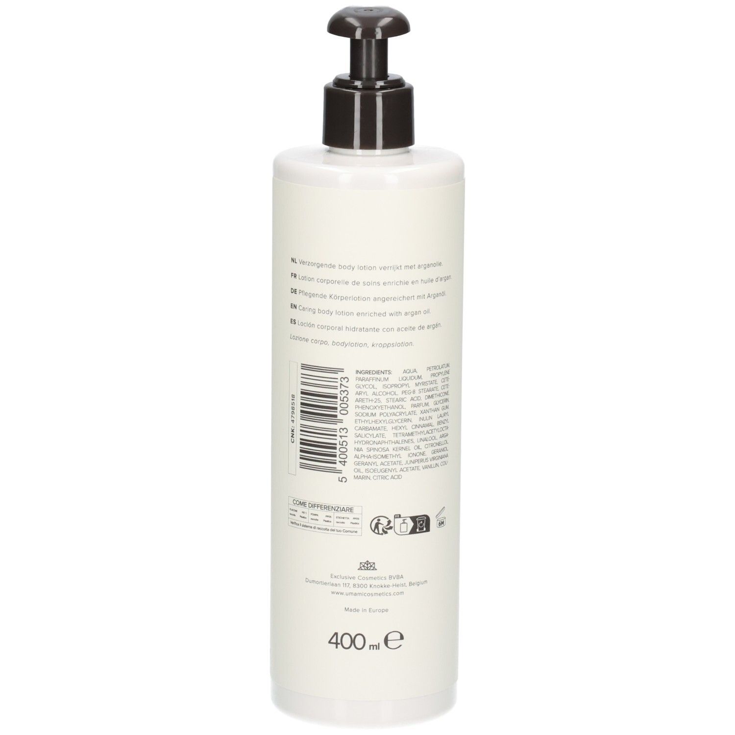 Arrière d'un flacon blanc avec pompe, 400 ml, lotion corporelle Umami Sweet Spices.
