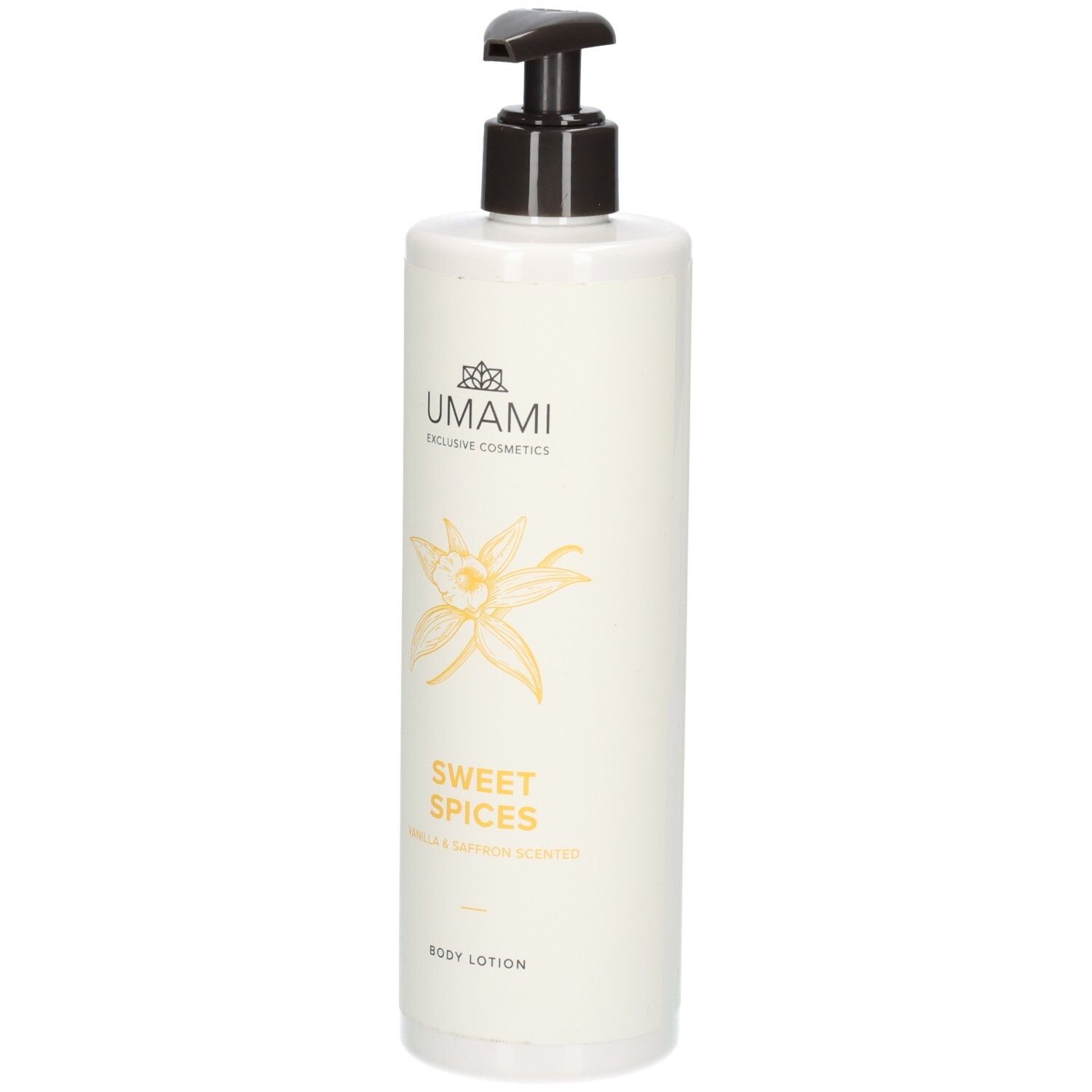 Flacon blanc avec pompe, lotion corporelle Umami Sweet Spices.