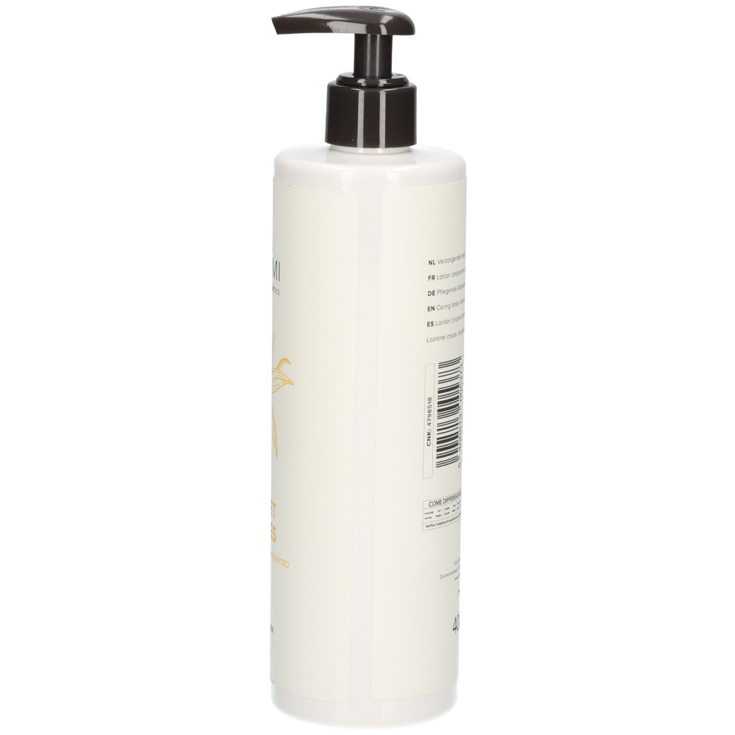 Arrière d'un flacon blanc avec pompe, lotion corporelle Umami Sweet Spices.