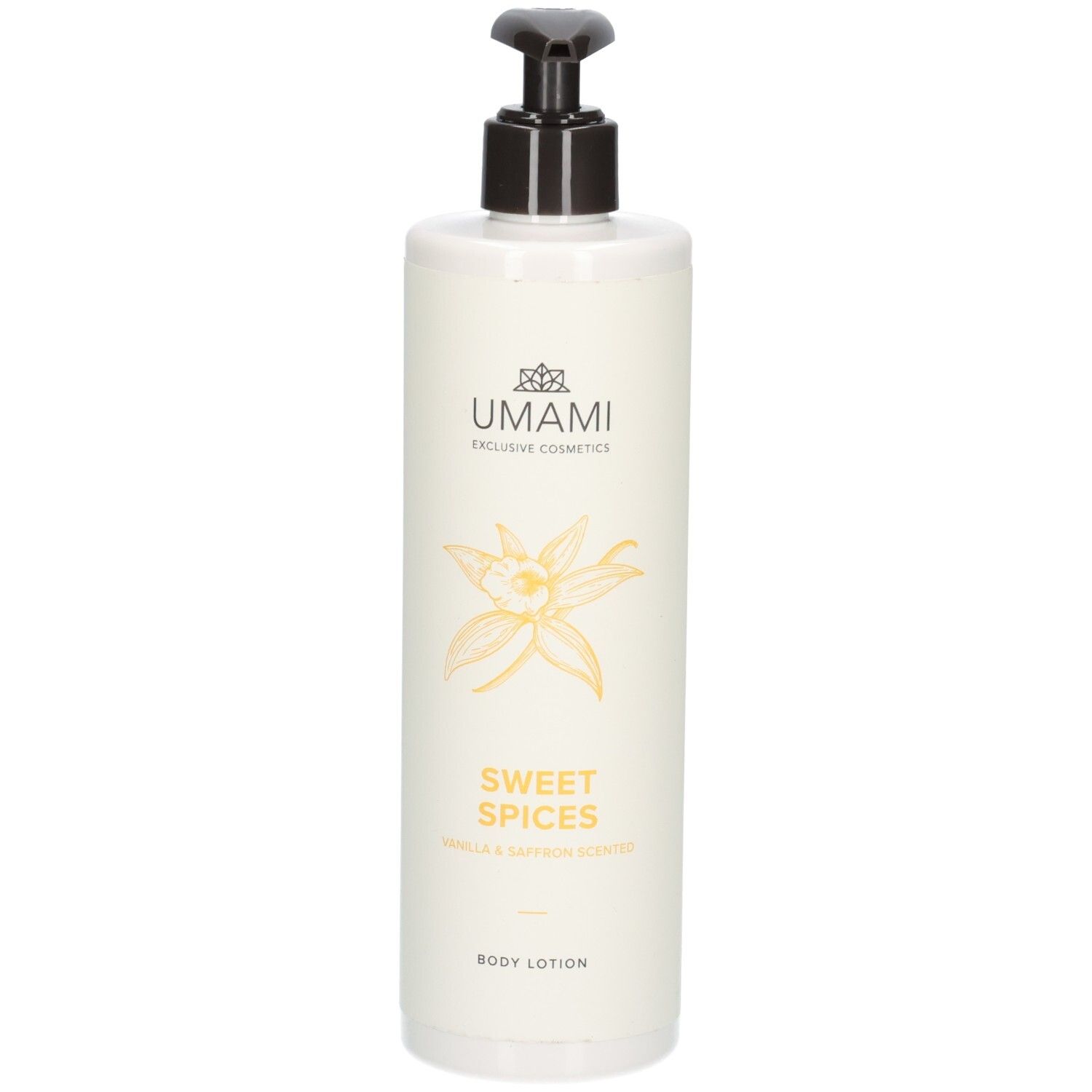 Flacon blanc avec pompe, lotion corporelle Umami Sweet Spices.