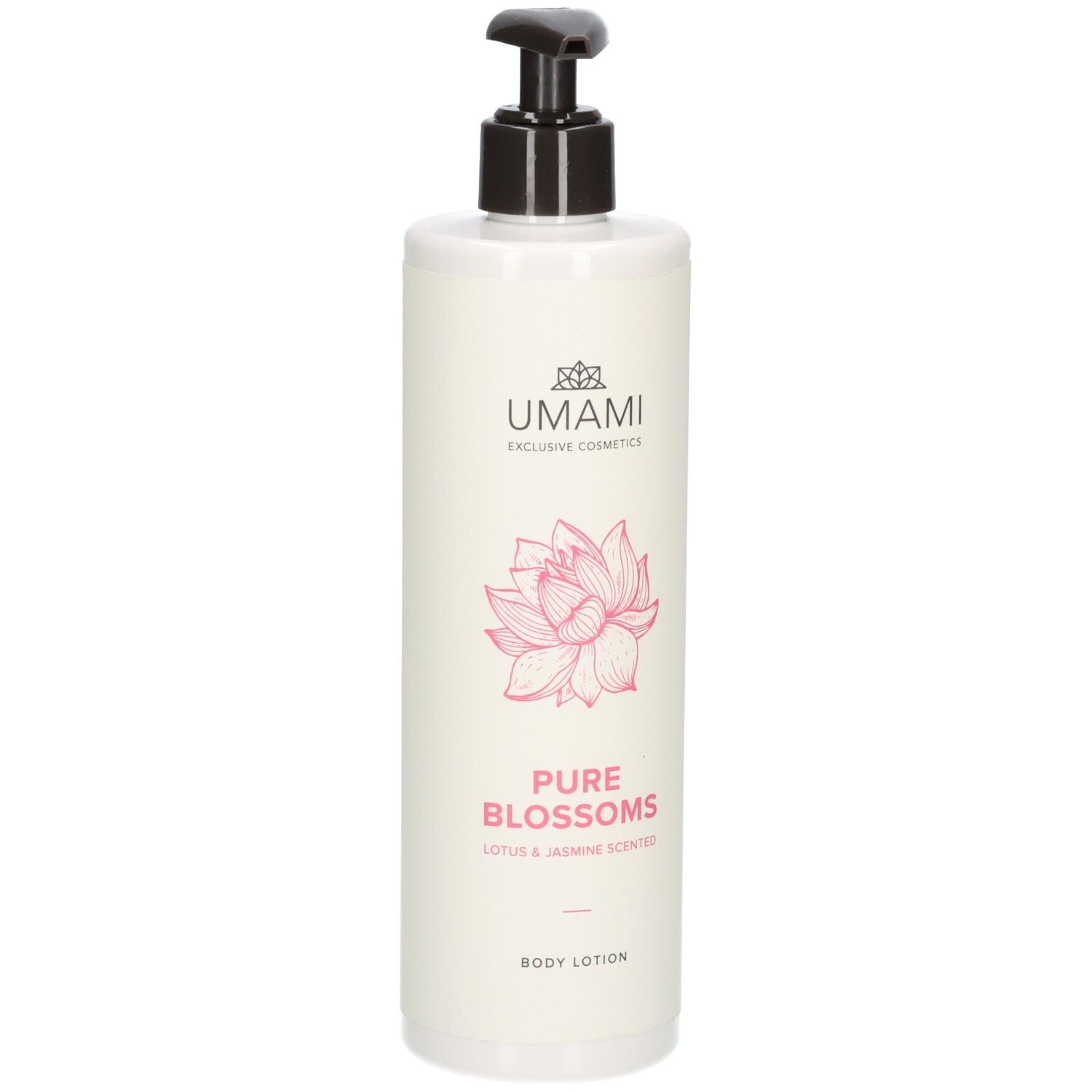 Flacon blanc avec pompe, Lotion Corporelle Umami Pure Blossoms, parfum Lotus & Jasmin.