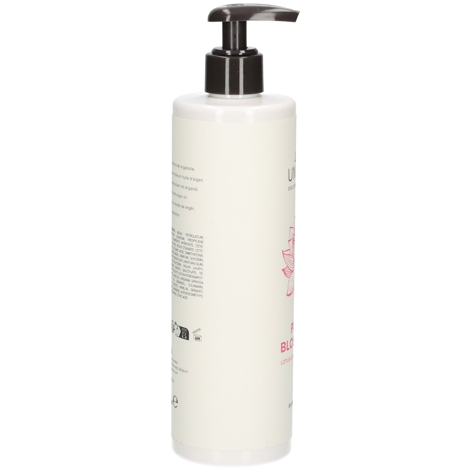 Arrière d'un flacon blanc avec pompe, Lotion Corporelle Umami Pure Blossoms, avec ingrédients.
