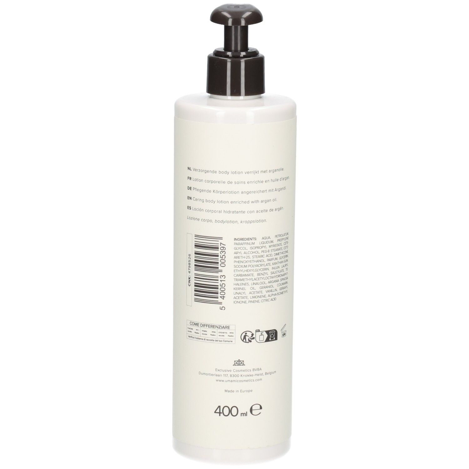 Arrière d'un flacon blanc avec pompe, Lotion Corporelle Umami Pure Blossoms, 400ml.