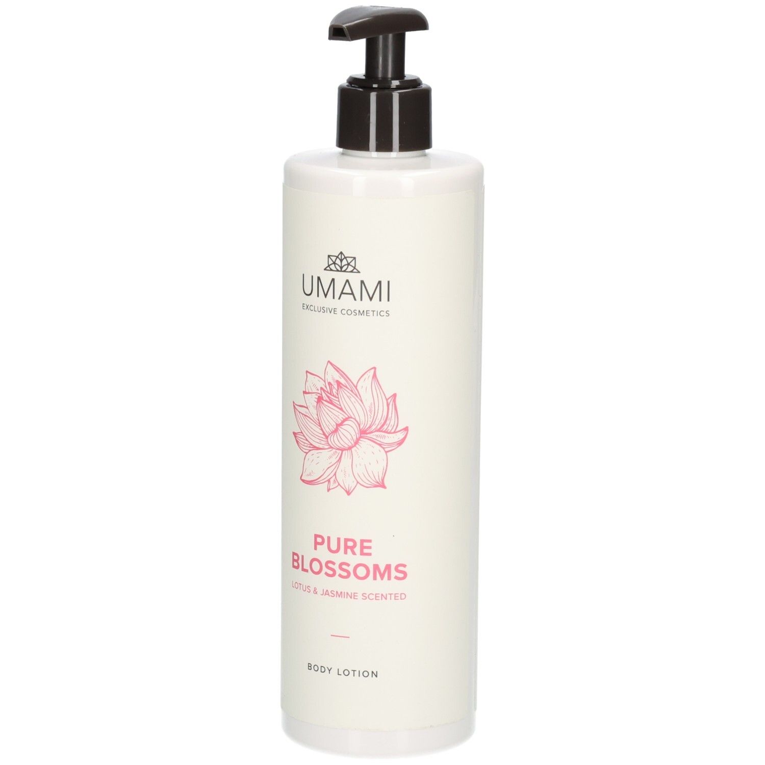 Flacon blanc avec pompe, Lotion Corporelle Umami Pure Blossoms, parfum Lotus & Jasmin.
