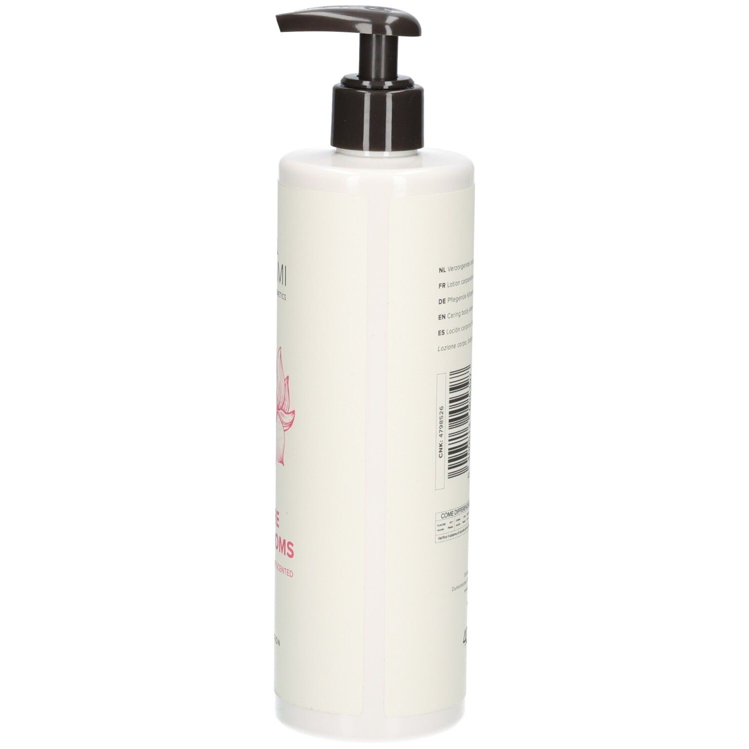 Arrière d'un flacon blanc avec pompe, Lotion Corporelle Umami Pure Blossoms, avec ingrédients.