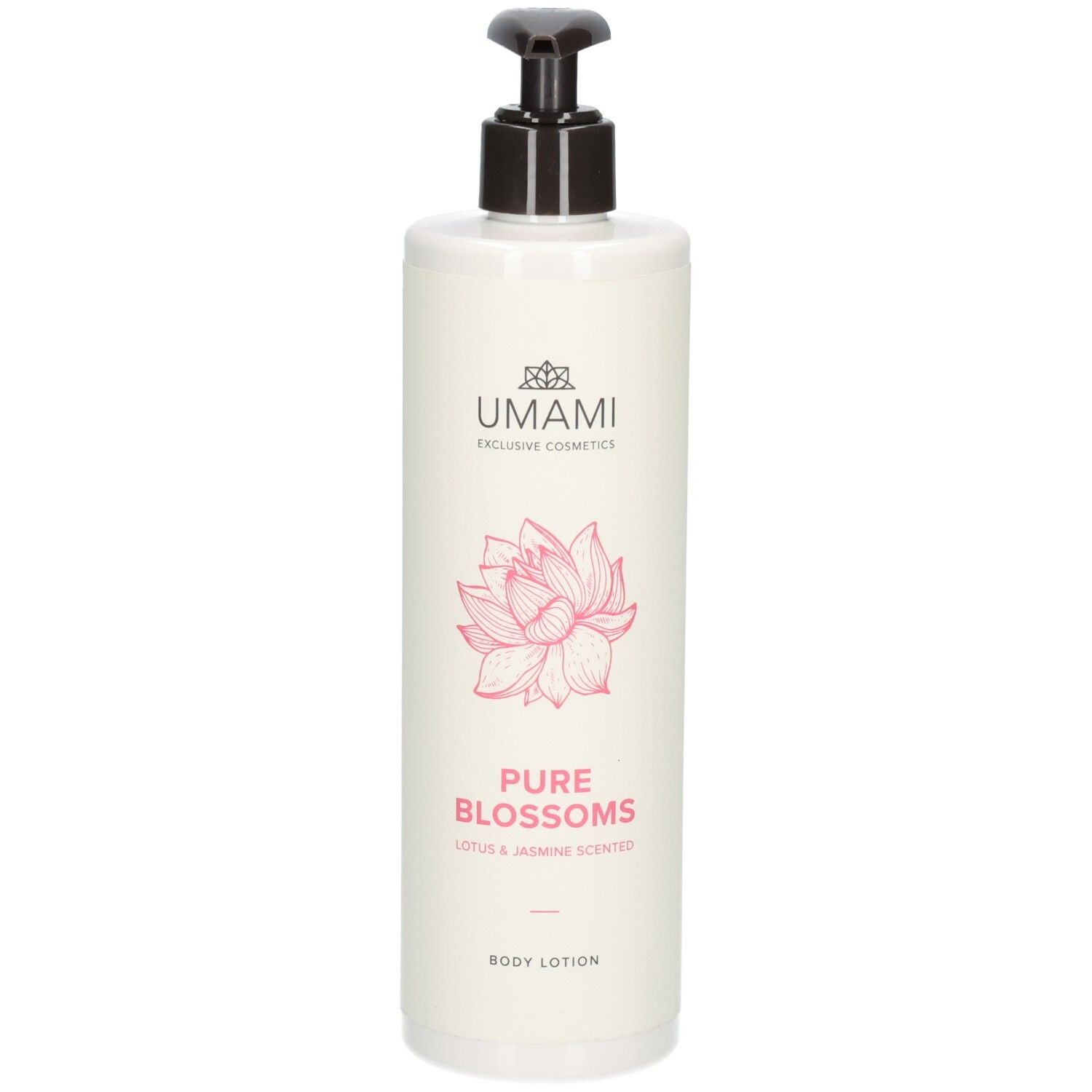 Flacon blanc avec pompe, Lotion Corporelle Umami Pure Blossoms, parfum Lotus & Jasmin.