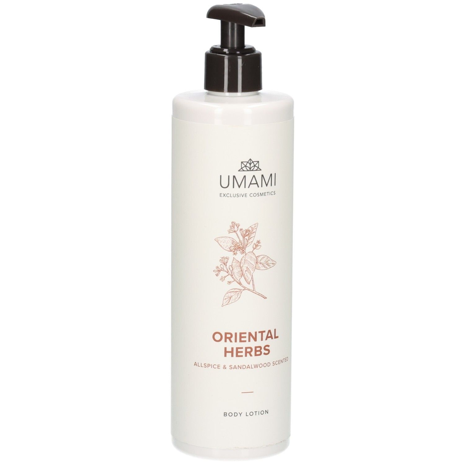 Flacon blanc avec pompe, Lotion Corporelle Umami Oriental Herbs, parfum Allspice & Sandalwood.