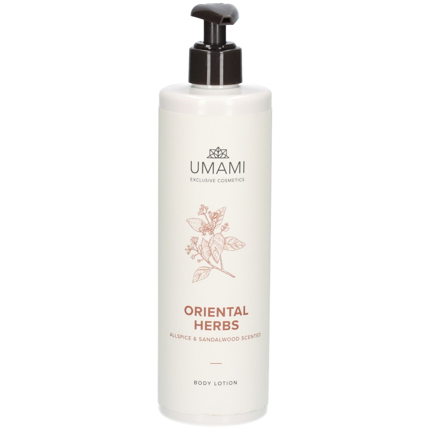 Flacon blanc avec pompe, Lotion Corporelle Umami Oriental Herbs, parfum Allspice & Sandalwood.