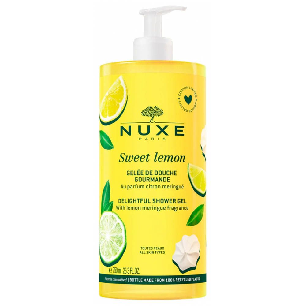 Gel douche gourmand Sweet Lemon Nuxe. Flacon avec pompe. Citron et meringues décoratifs. Texte en français et anglais.