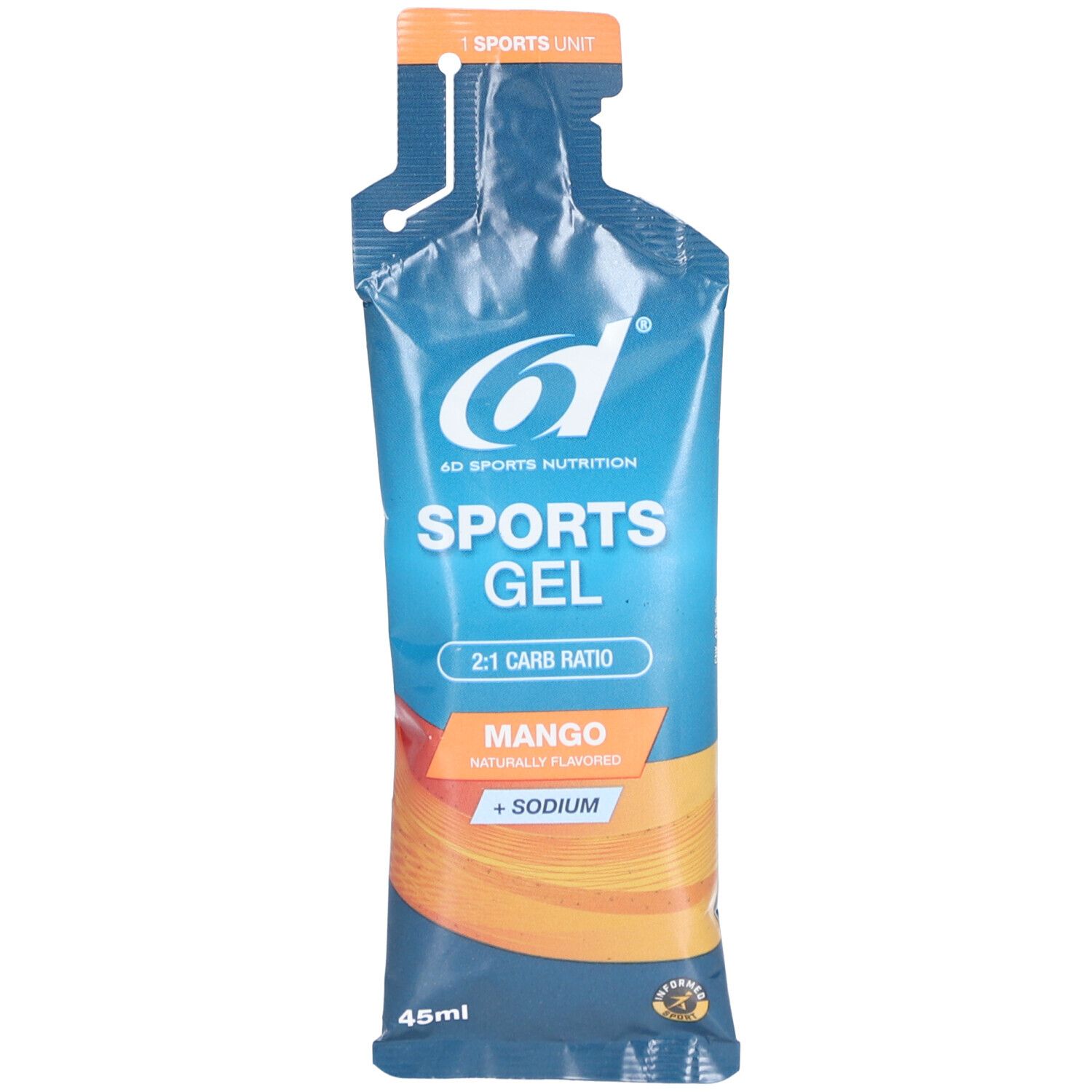 Sachet de gel sportif. Emballage bleu avec logo et texte "SPORTS GEL". Inscription "MANGO + SODIUM". En bas: 45ml.