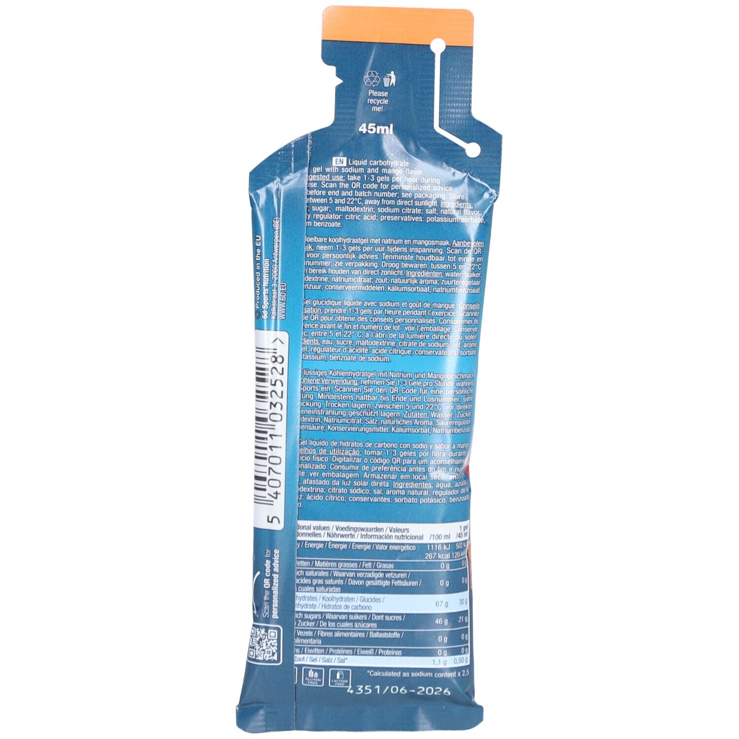 Dos du sachet de gel sportif. Emballage bleu avec texte et informations nutritionnelles. En bas: 45ml.