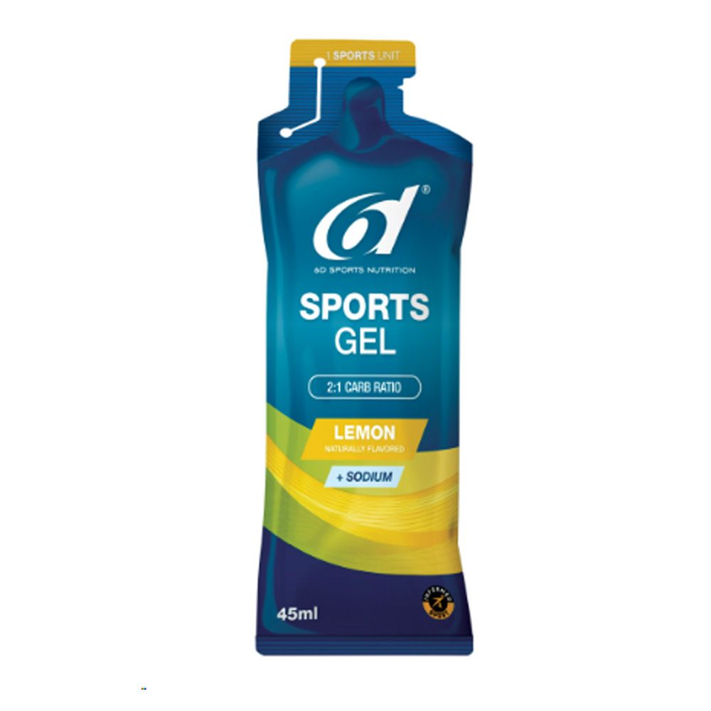 Gel énergétique 6d Sports Nutrition, citron. Sachet individuel, couleurs bleu et jaune. Contient 45ml.