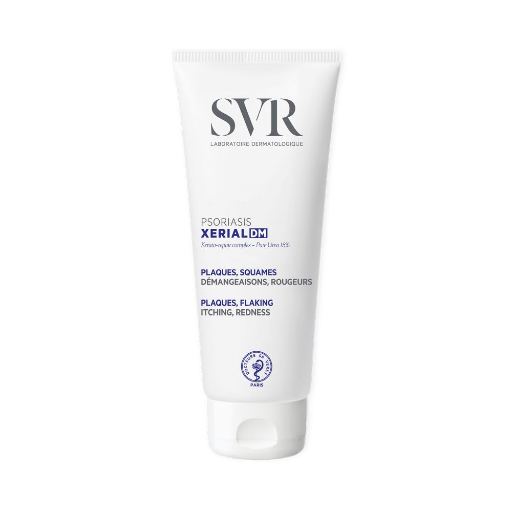Tube blanc SVR XERIAL DM. Texte: Plaques, Squames, Démangeaisons, Rougeurs. Plaques, Flaking, Itching, Redness. Logo de certification.