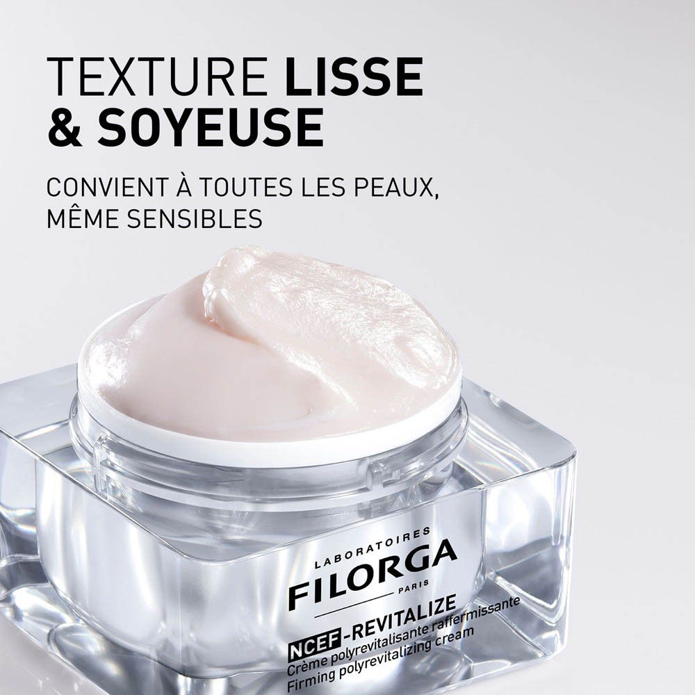 Pot de crème FILORGA NCEF-REVITALIZE. Crème sur le couvercle. Nom et logo du produit visibles.