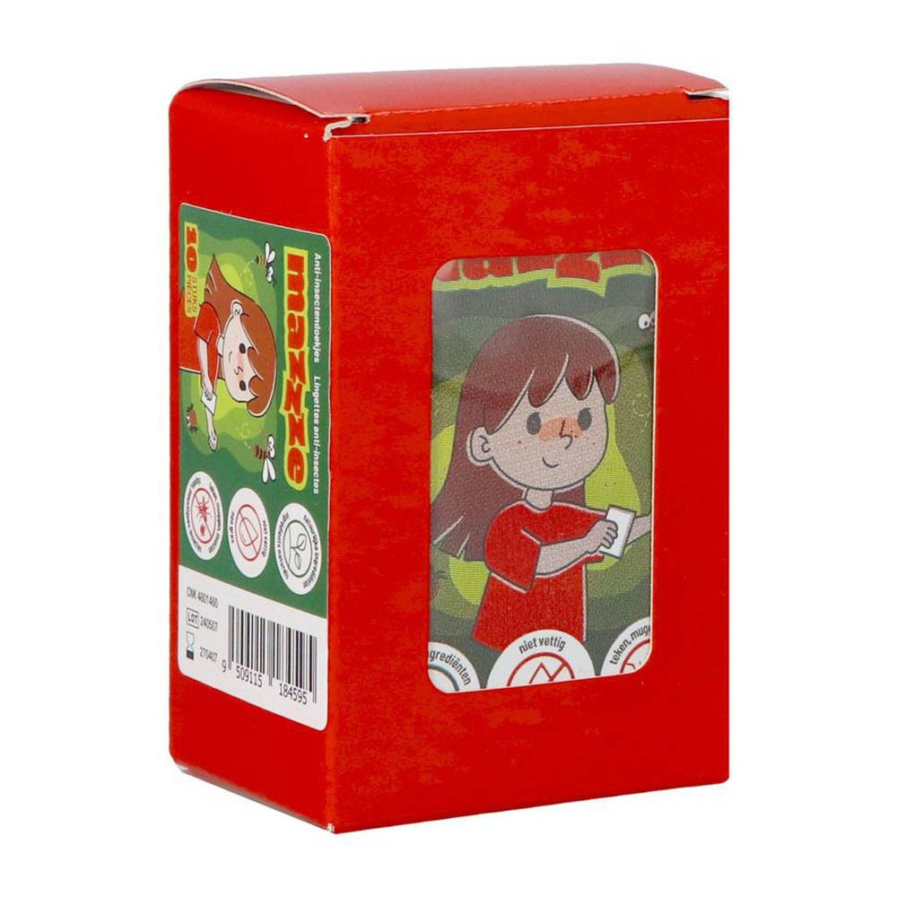 Boîte en carton rouge avec fenêtre. Inscription : Mazzze, serviettes anti-insectes. Illustration de dessin animé. Image et texte du produit.