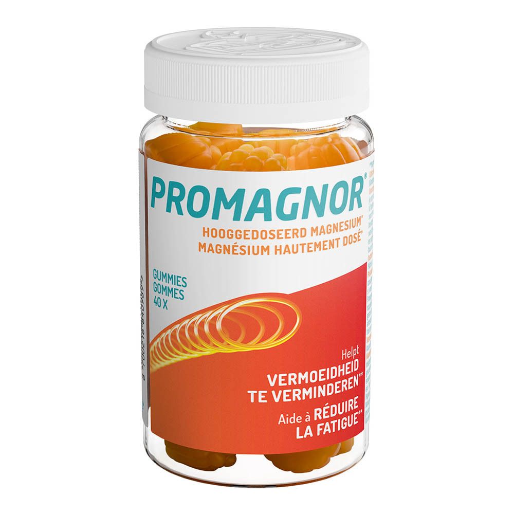 Promagnor gummies en pot. Gommes oranges dans un pot transparent avec un couvercle blanc.