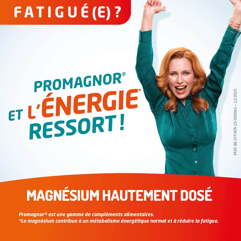 Gros plan sur un bonbon gélifié. Texte: Pourquoi Promagnor gummies? 1 gomme contient 150 mg de magnésium.