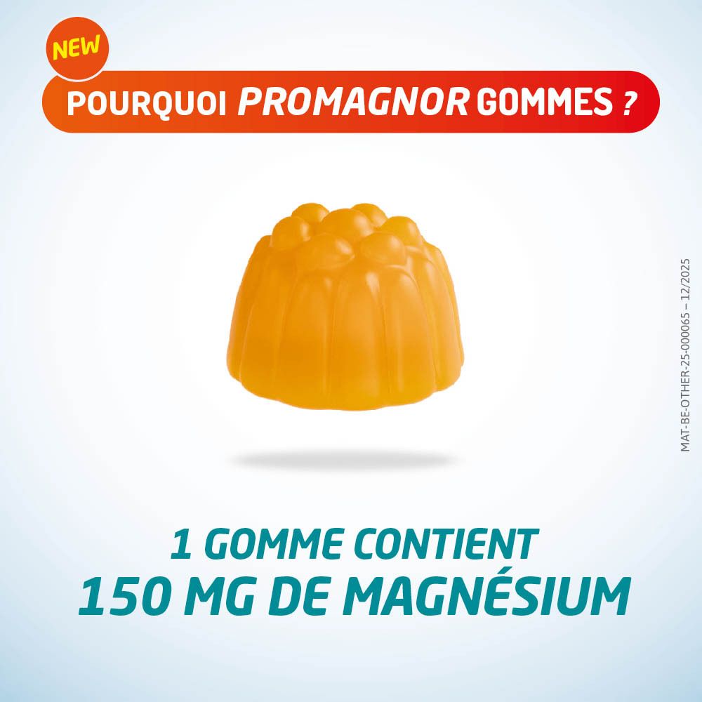 Main tenant un bonbon gélifié. Texte: Pourquoi Promagnor gummies? Magnésium hautement dosé, aide à réduire la fatigue.