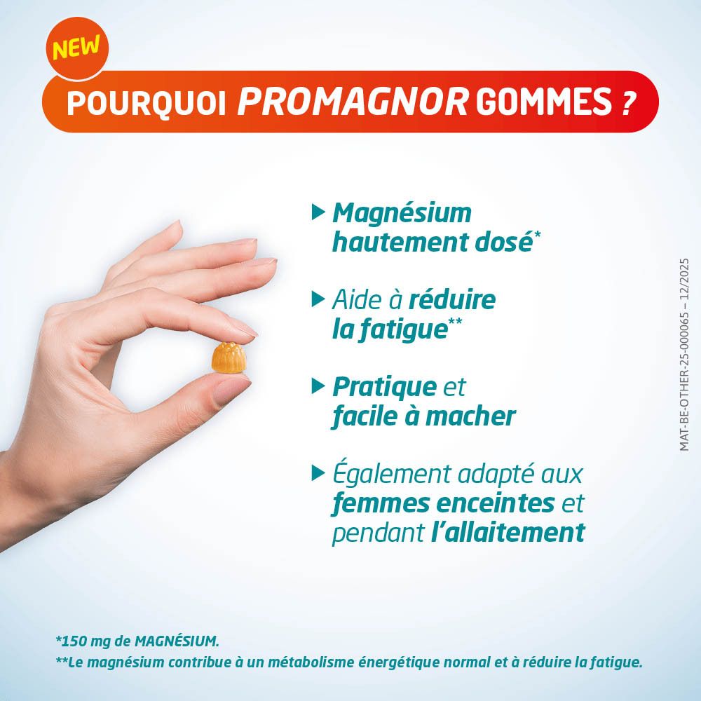 Bonbon gélifié et pot. Texte: Fatigué(e)? 150 mg de magnésium. Le magnésium contribue à un métabolisme énergétique normal.