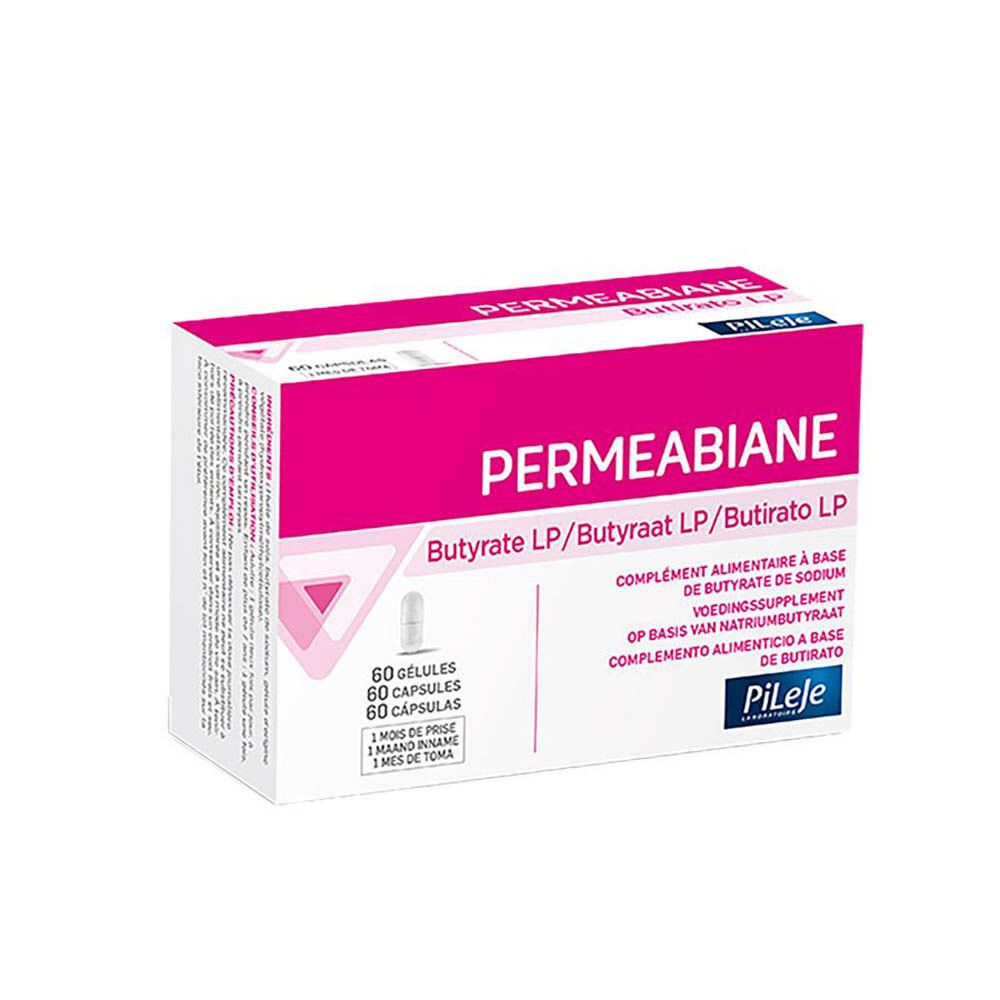 Boîte PERMEABIANE, Butyrate LP, couvercle rose. 60 gélules. Logo PiLeJe. Texte multilingue.