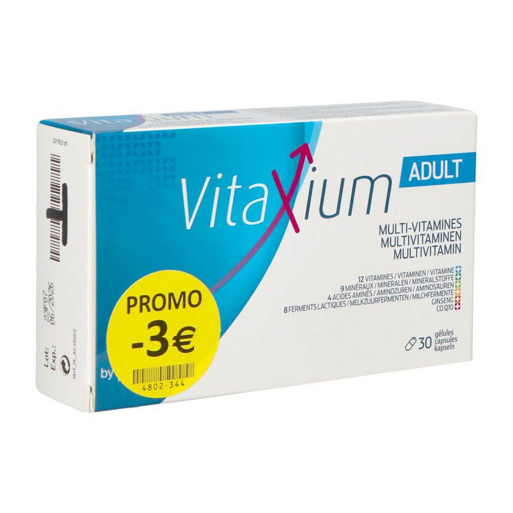 Boîte de Vitaxium Adult Multi-vitamines. 30 gélules. Promo -3€ visible.