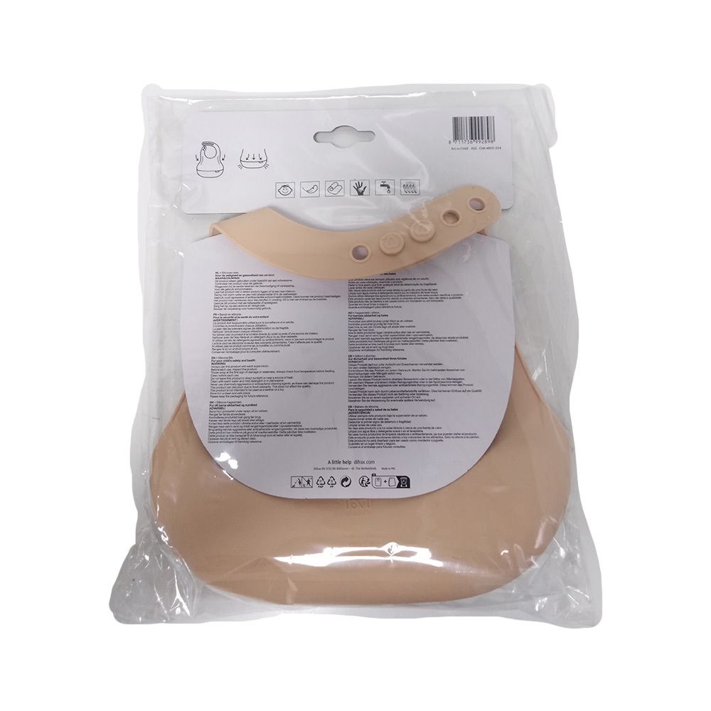 Dos d'un bavoir en silicone beige dans un emballage plastique. Marque Difrax. Avec tour de cou réglable et notice d'utilisation.