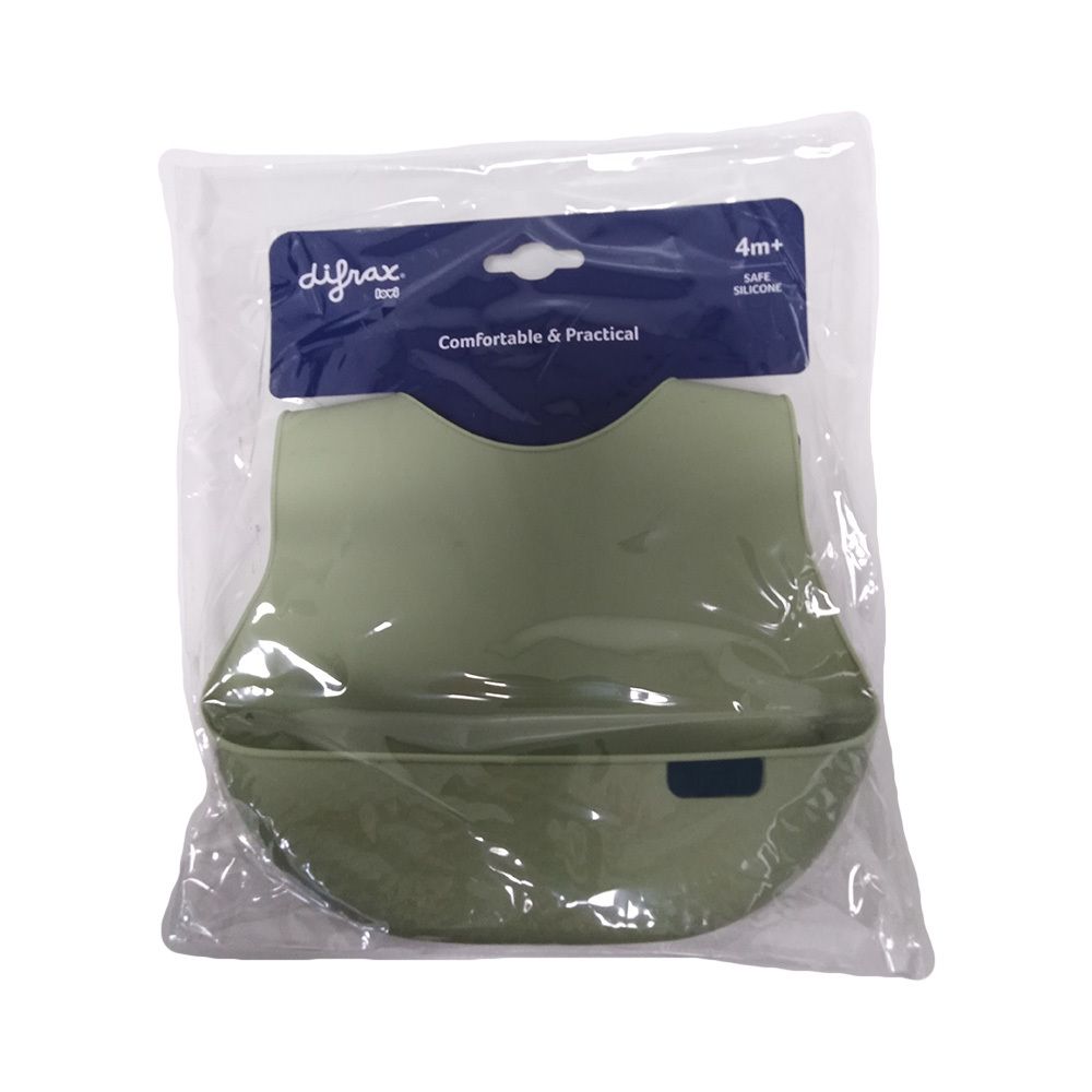 Bavoir en silicone pistache dans un emballage plastique. Marque Difrax visible. Avec poche de récupération. 4 mois et plus.