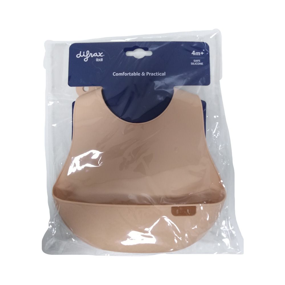 Bavoir en silicone dans un emballage. Couleur beige, avec poche de récupération. Marque Difrax, texte: Comfortable & Practical.