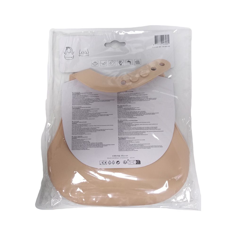 Dos du bavoir en silicone dans un emballage. Couleur beige, avec fermeture réglable. Texte et symboles.