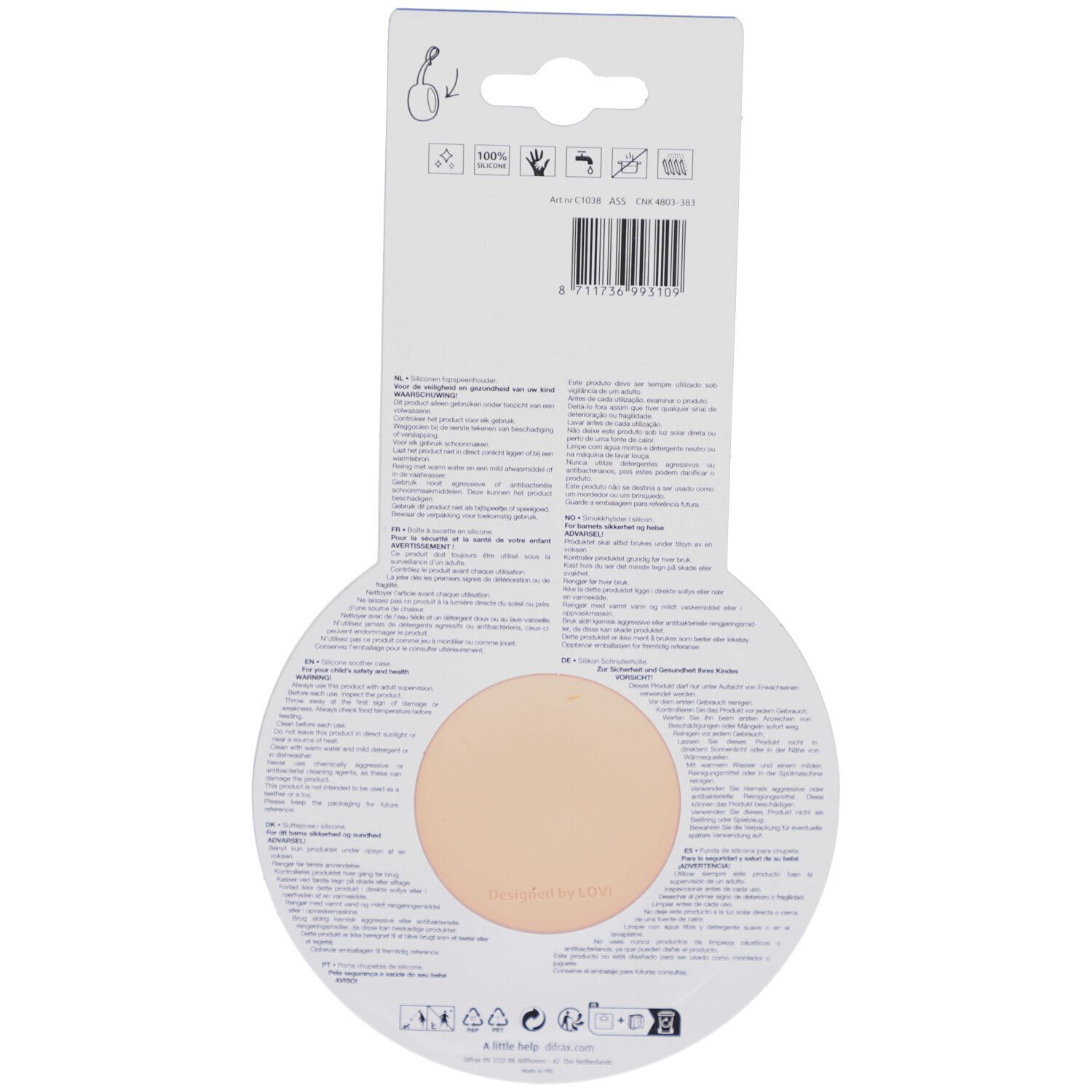 Dos de l'emballage de l'étui à sucette. Cercle beige. Texte et symboles. Marque Difrax.