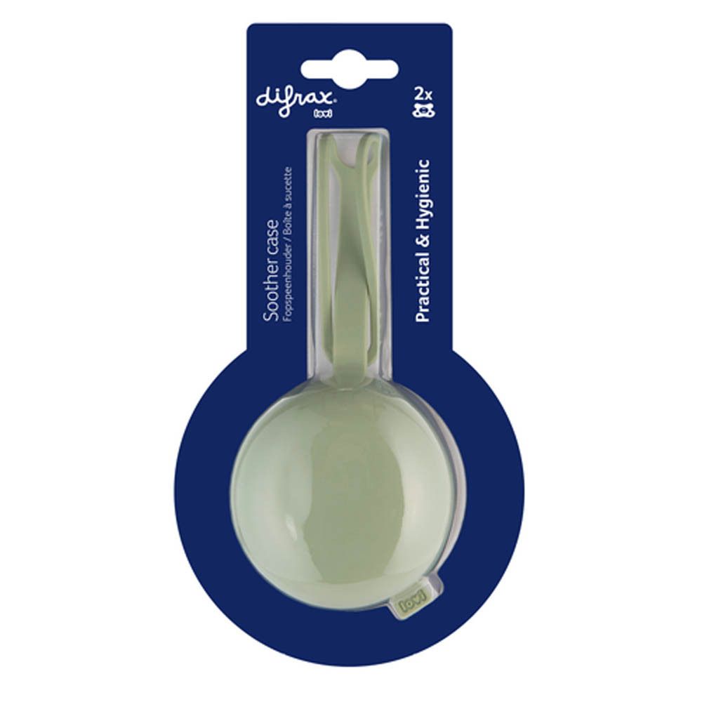 Boîte à sucette verte Difrax, emballage. Inscription: Soother case. Pratique et hygiénique.
