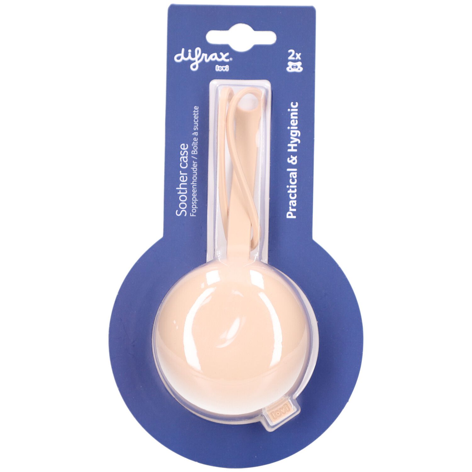 Boîte à sucette beige avec poignée, dans son emballage. Marque Difrax. Forme ronde, en plastique.