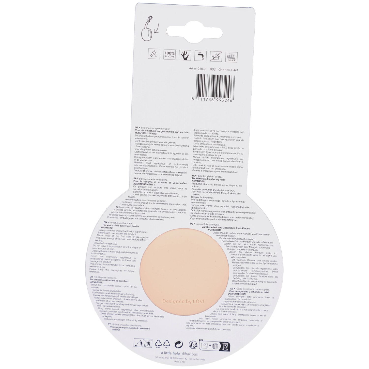 Dos de l'emballage. Boîte à sucette beige. Texte et symboles, dont 100% silicone.