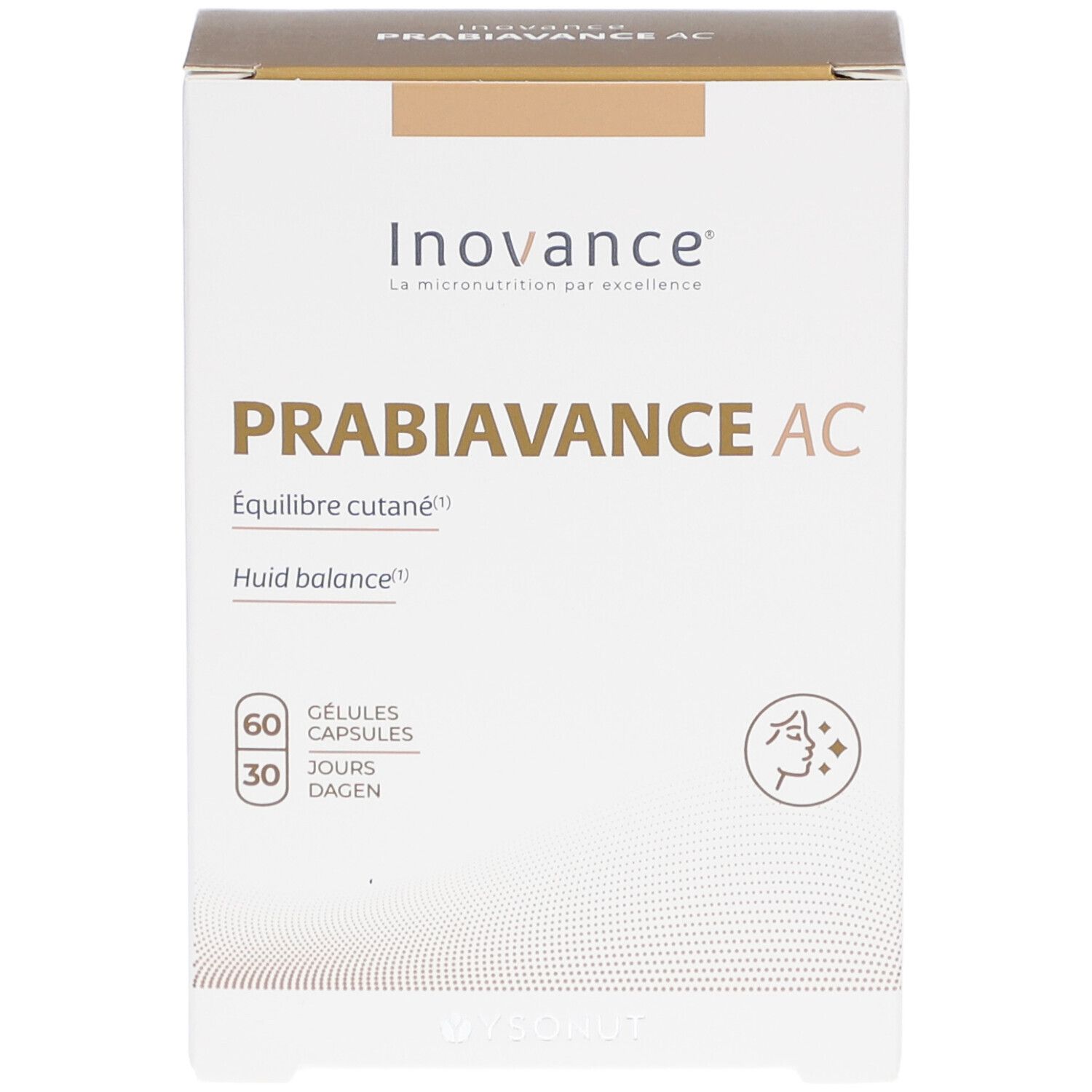 Vue de face de la boîte Inovance PRABIAVANCE AC. Logo, nom du produit et nombre de gélules clairement visibles.