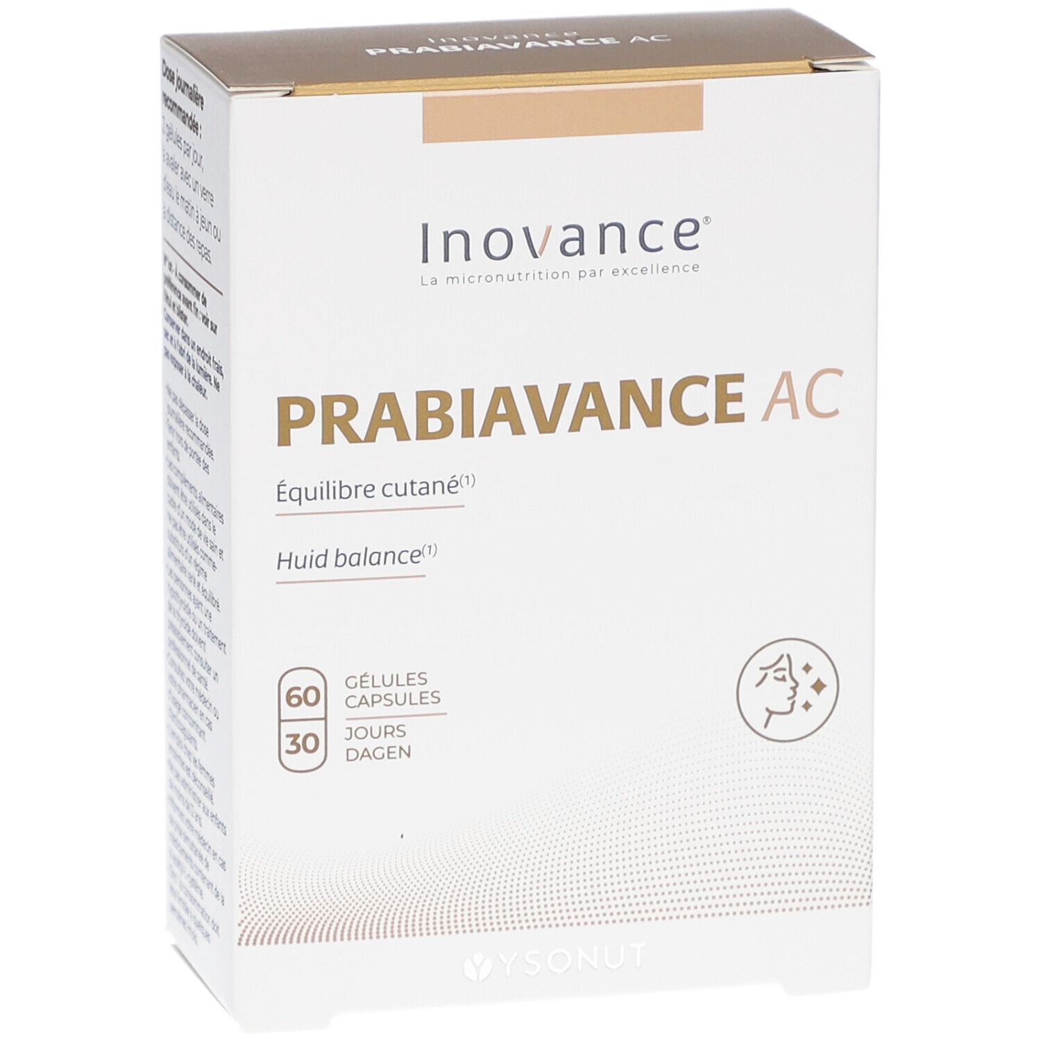 Vue de face de la boîte Inovance PRABIAVANCE AC. Logo, nom du produit et nombre de gélules clairement visibles.
